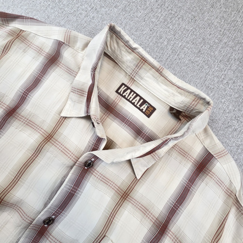 Vintage Kahala Hawaiian Camp Plaid Shirt Men's XL Cream/Brown Beach Surfer Aloha